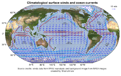 Annual climatology of surface winds (1979-2022) and schematic of ocean surface currents 